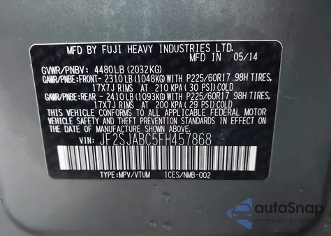 2015 Subaru Forester 2.5I из США, поврежденный, VIN JF2SJABC5FH457868